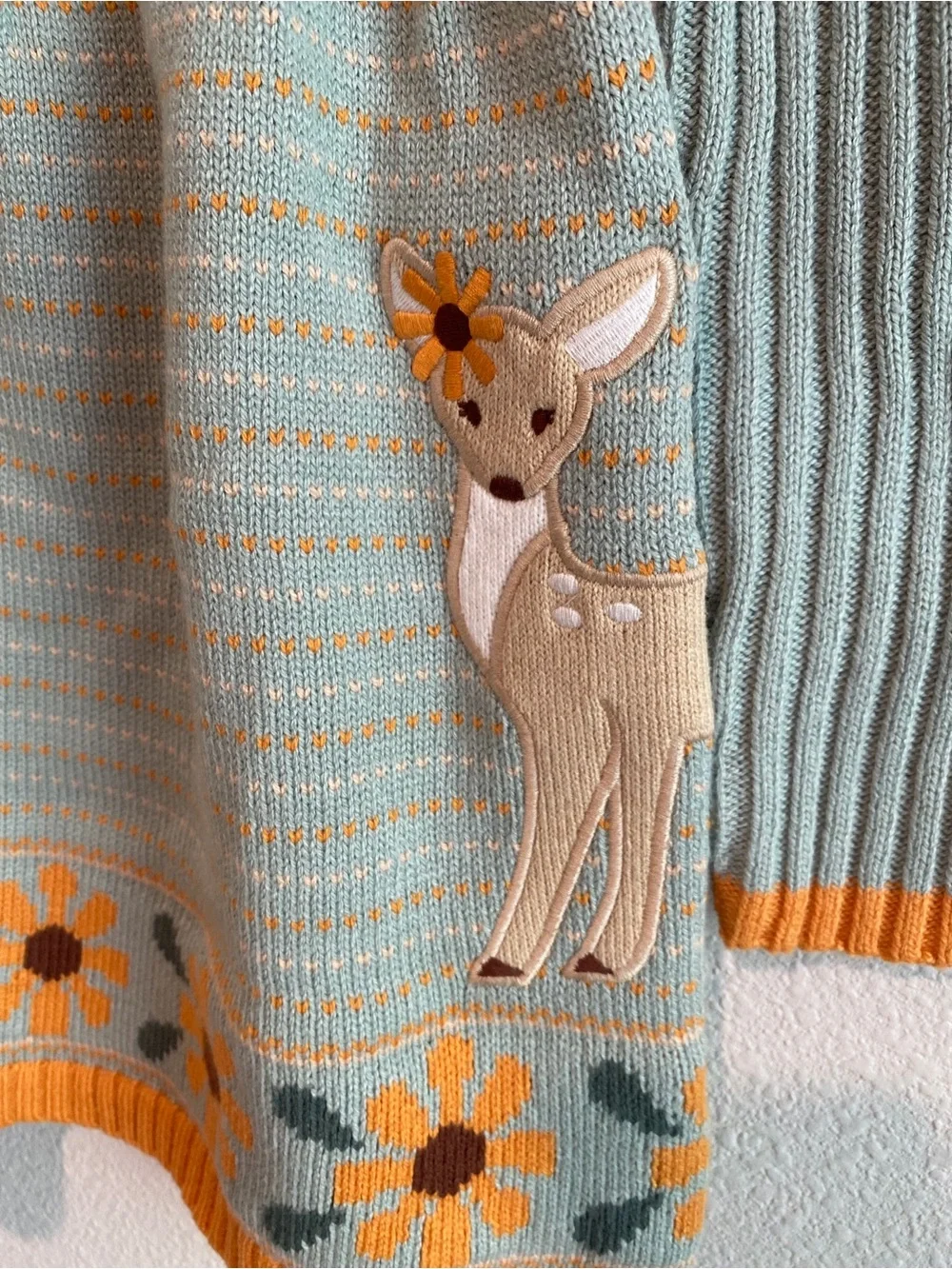 Cynthia Rowley Mint Knit Sweater Dress with Yellow Trim & Deer Applique